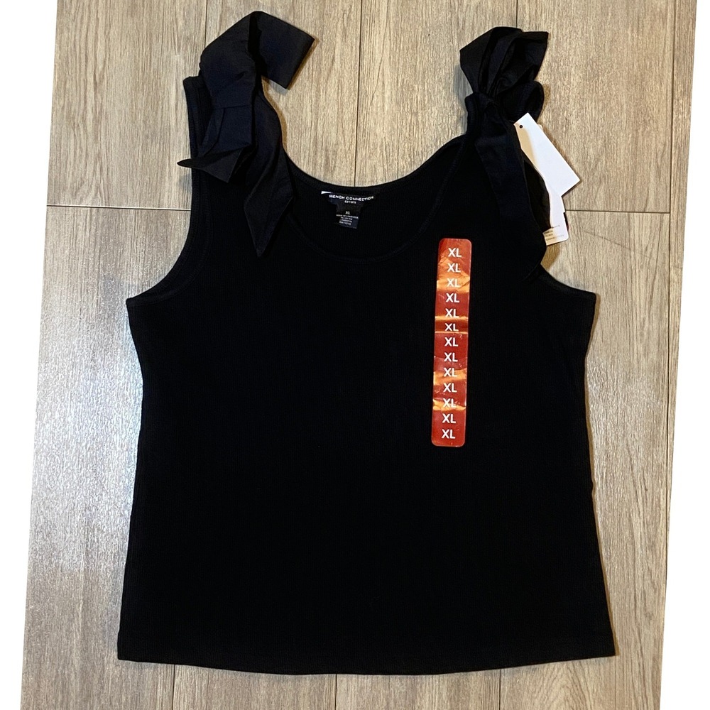 French Connection Women's Sz XL Black Ribbed Bow Shoulder Tank Top NWT